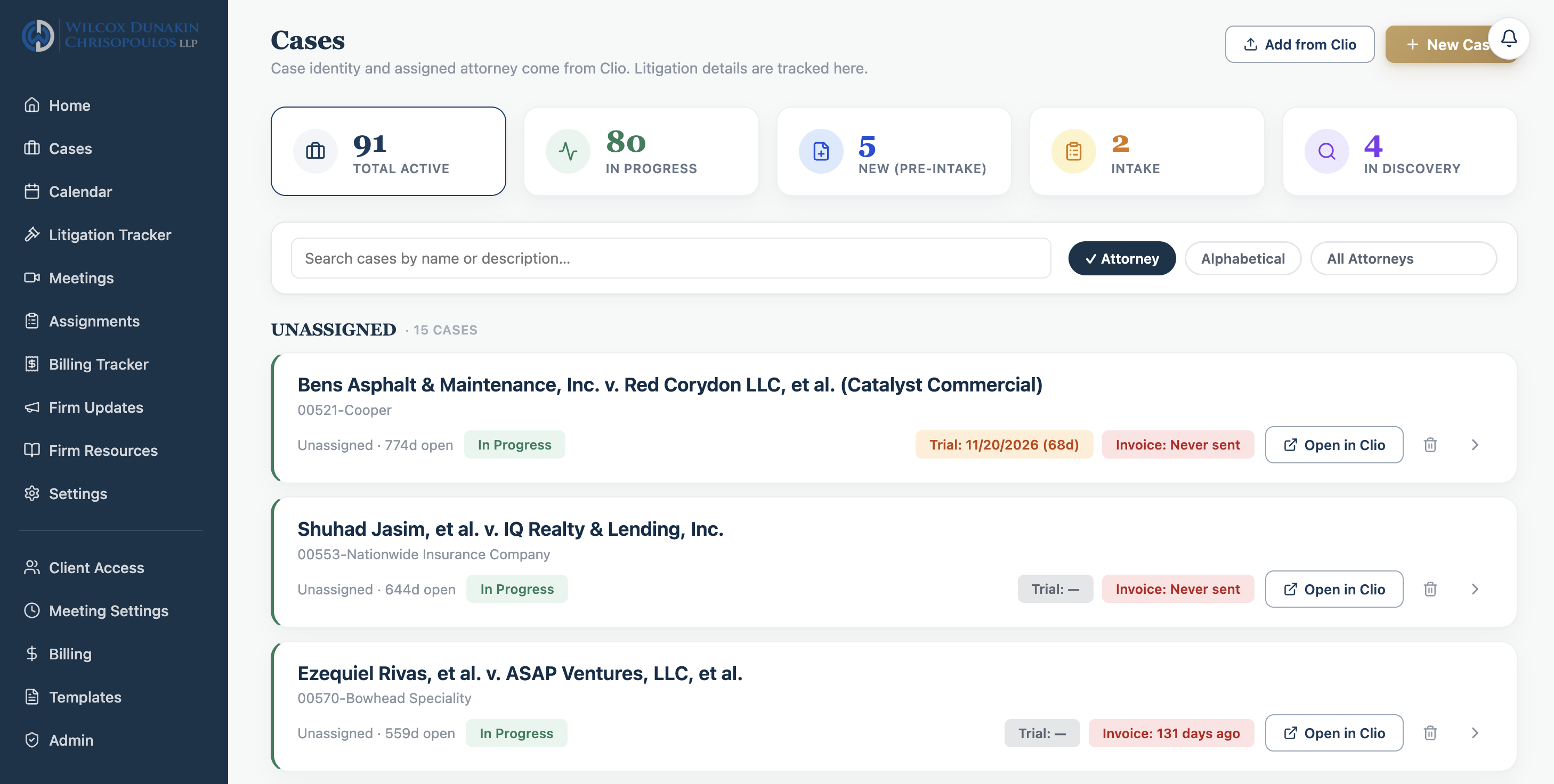 FirmRx cases list showing active matters grouped by attorney with trial and invoice status