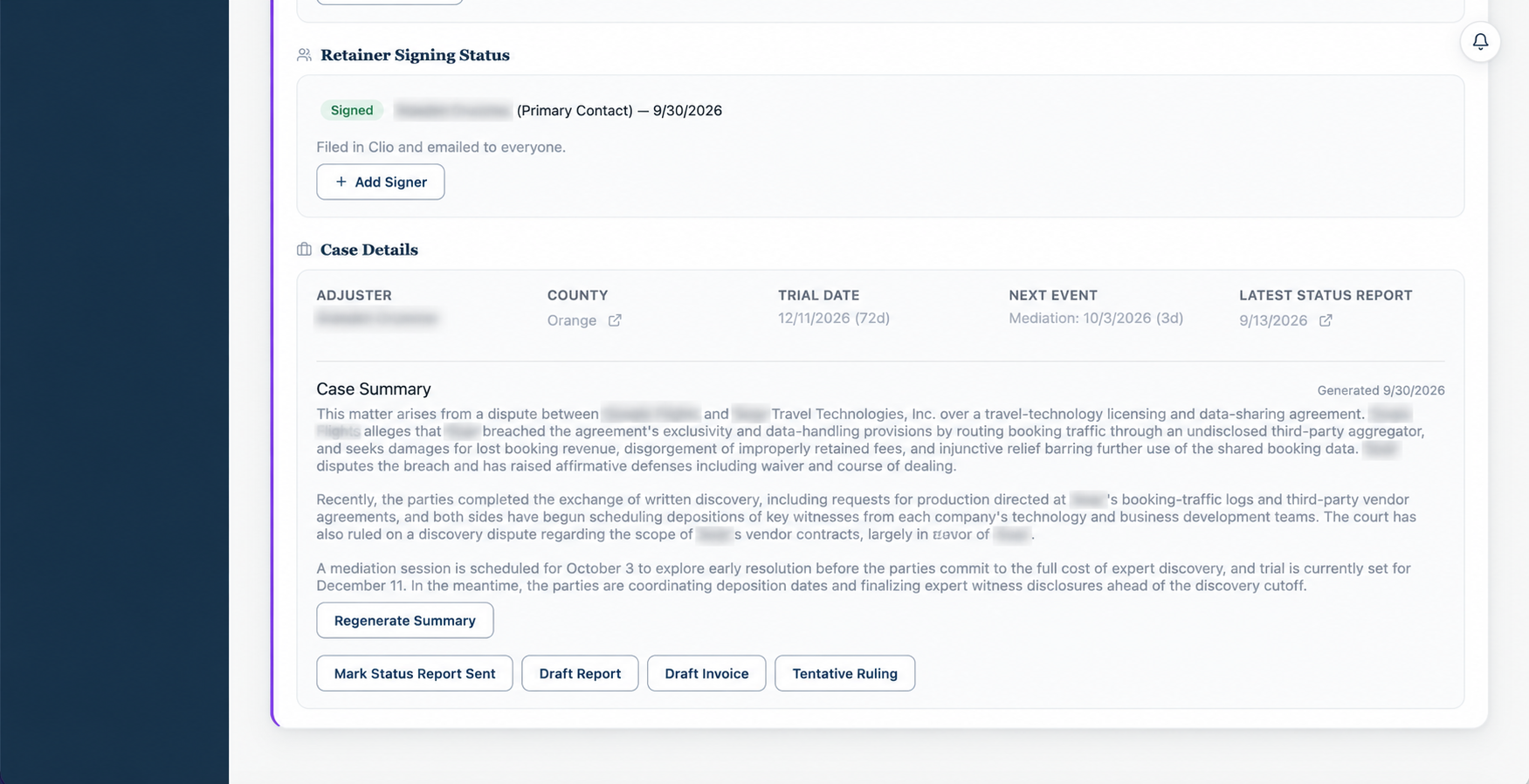 FirmRx case details with retainer signing status and AI case summary