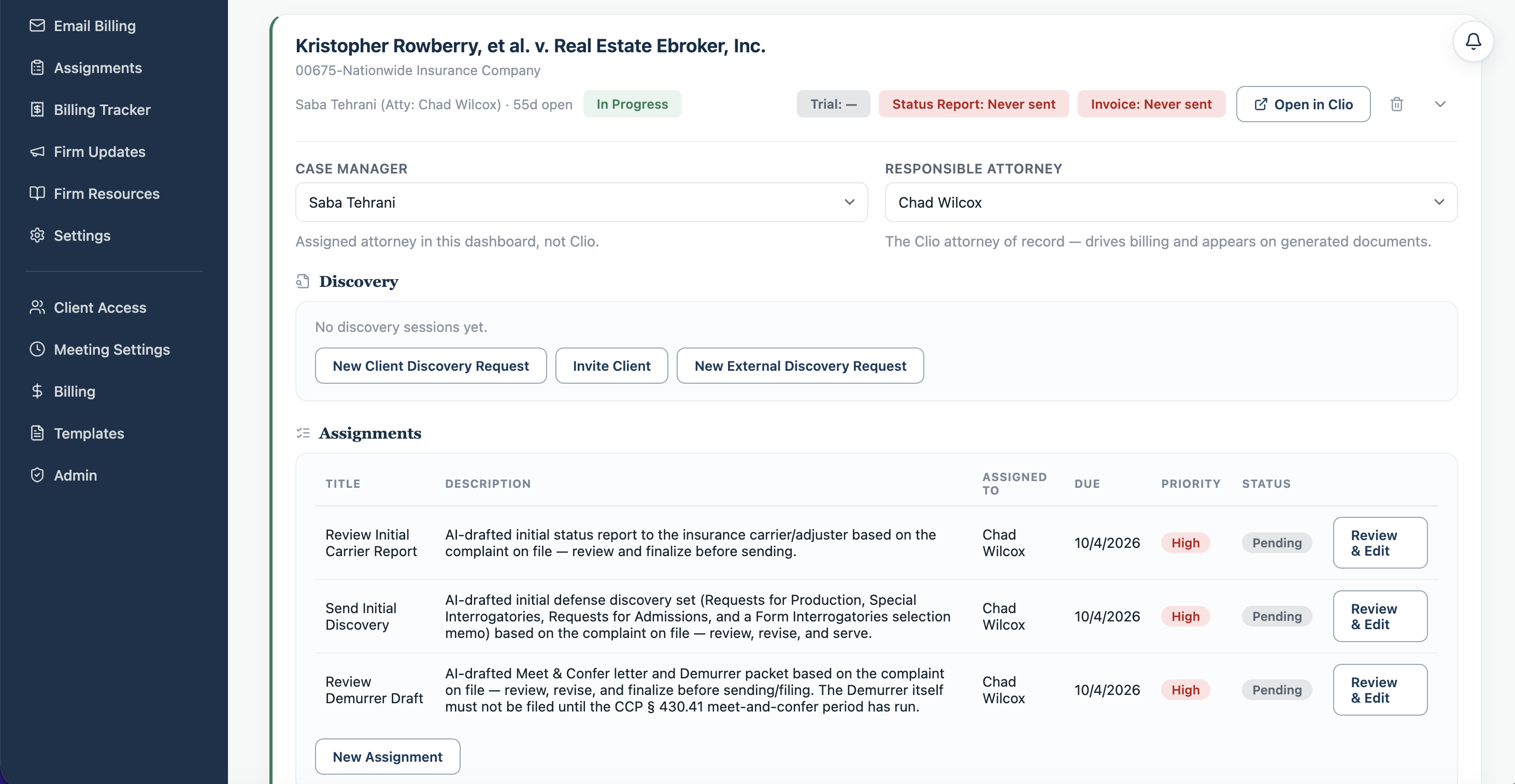 FirmRx case view with case manager, responsible attorney, discovery, and assignments