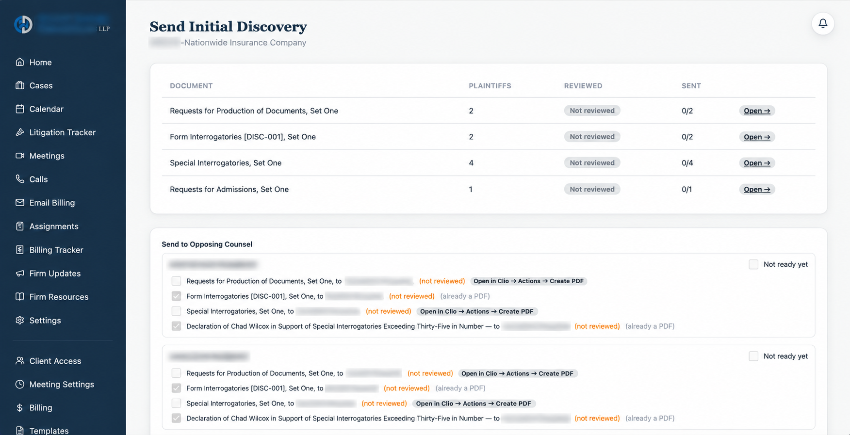 FirmRx Send Initial Discovery screen listing drafted discovery documents for review