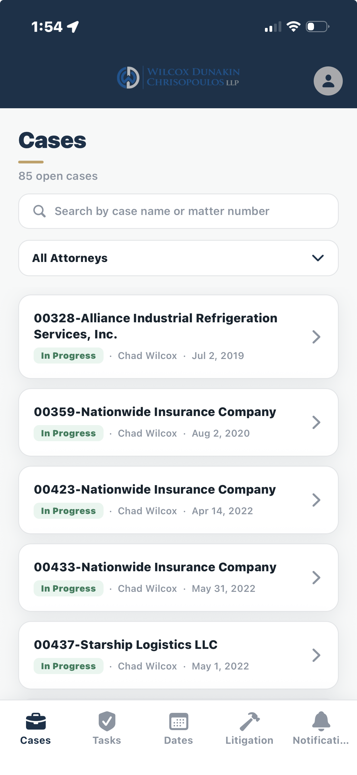 FirmRx firm mobile app showing cases