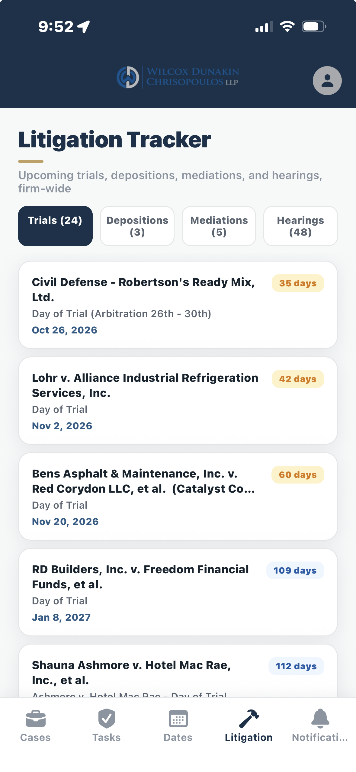 Litigation Tracker mobile app screen