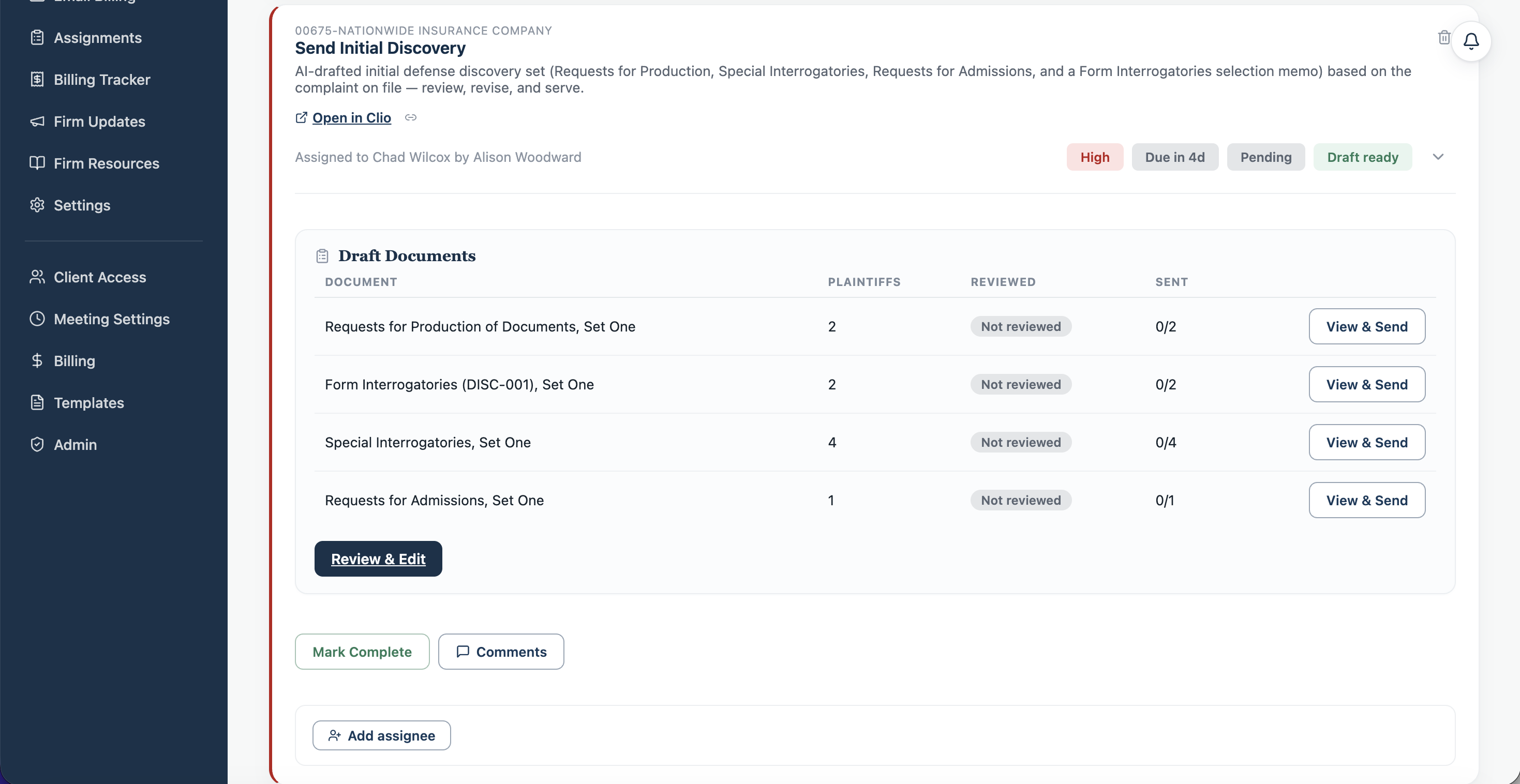 FirmRx assignment opened to show its draft documents ready for review