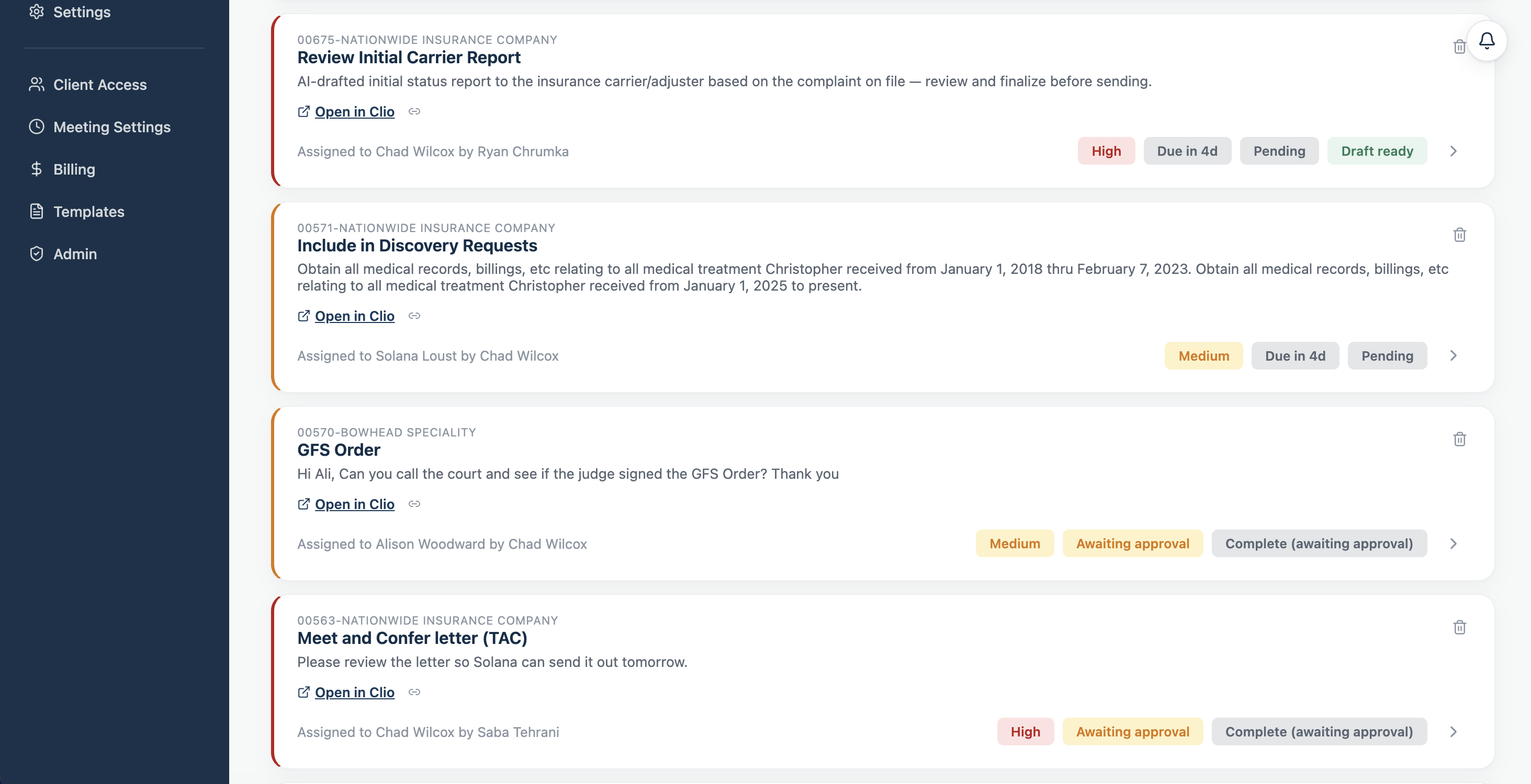 FirmRx assignments list with priority, due date, and status for each task